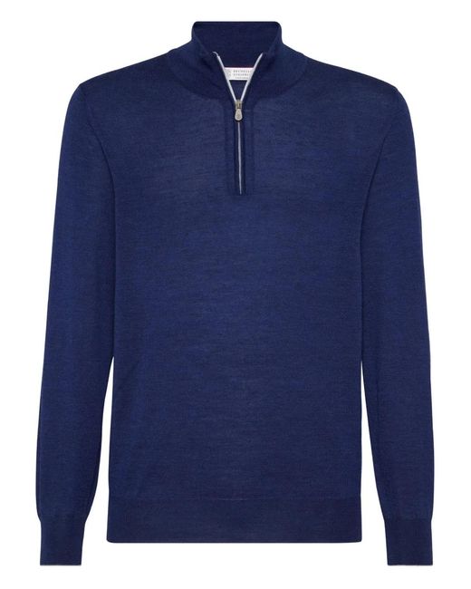 Brunello Cucinelli Blue High-Neck Zip-Up Sweater for men