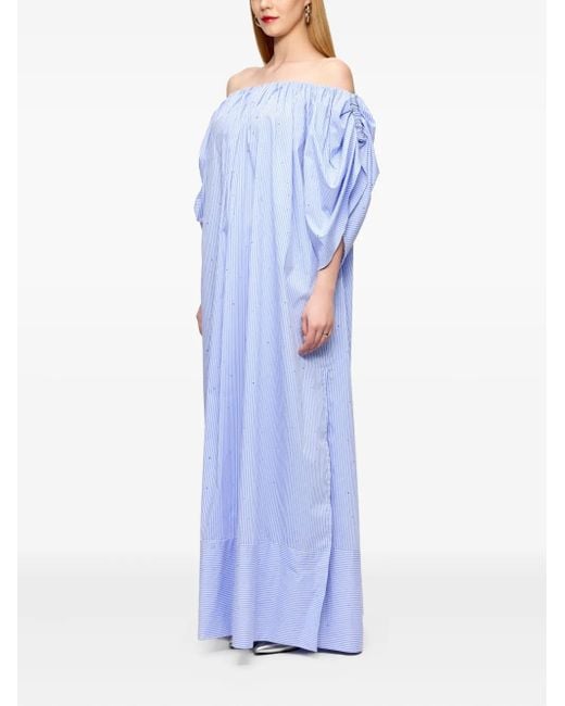 V:PM ATELIER Blue Mandy Off-Shoulder Striped Maxi Dress