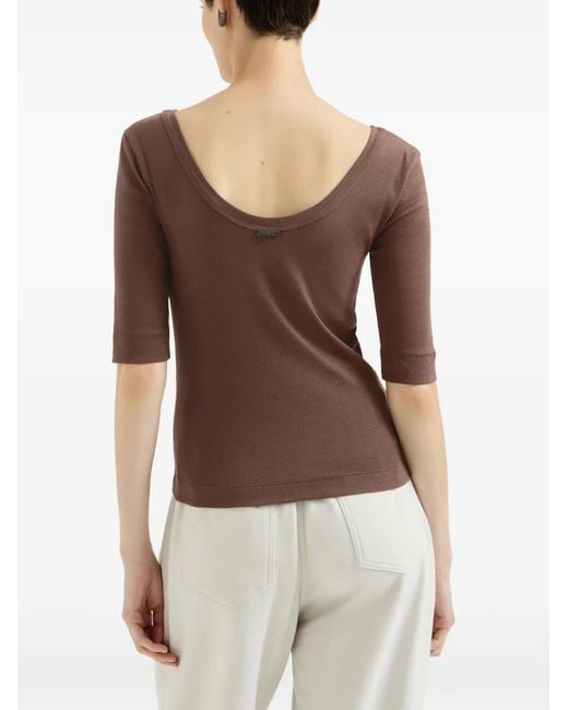 Brunello Cucinelli Brown Stretch Cotton Ribbed Jersey T-Shirt With Monili