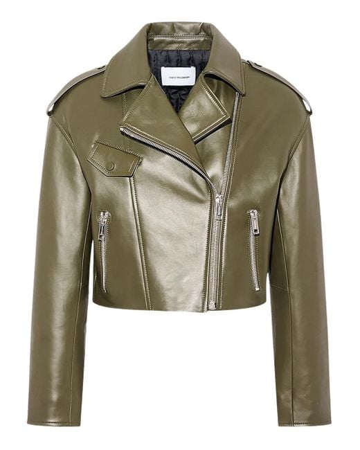 Yves Salomon Green Leather Biker Jacket