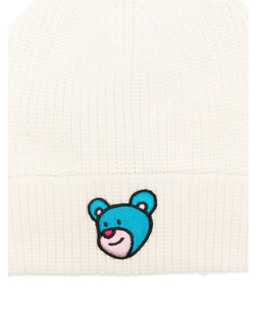 INBETWEENERS White Ribbed Bear-Embroidered Beanie for men