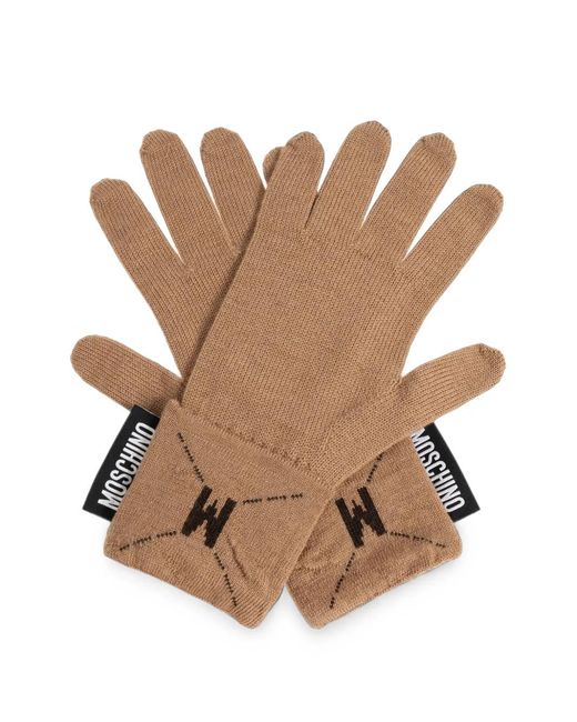 Moschino Brown Logo-Tag Wool Gloves