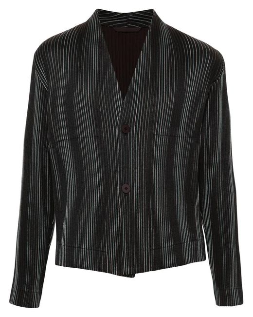 Homme Plissé Issey Miyake Black Tweed Pleats Collarless Jacket for men