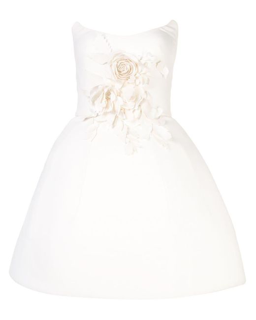 Oscar de la Renta White 3d Floral-appliqué Strapless Dress
