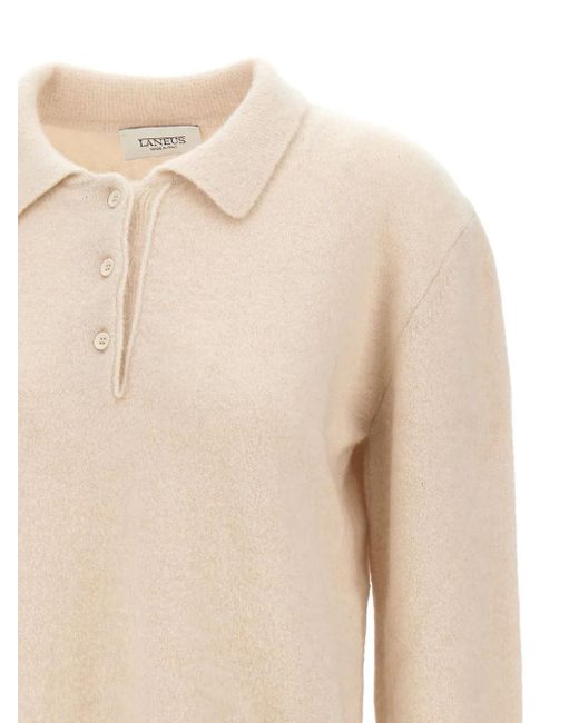 Laneus Natural Long-Sleeve Ribbed Polo Top