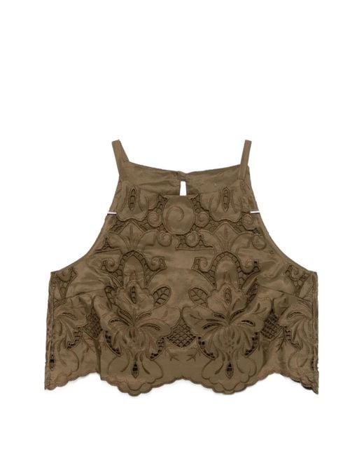 MOUTAKI Brown Guipure-Lace Cropped Blouse