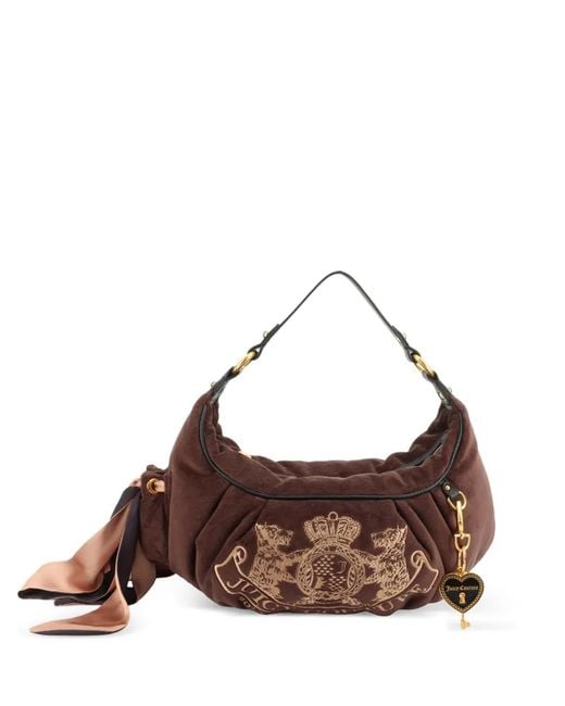 Juicy Couture Brown Crest-Embroidery Velour Shoulder Bag