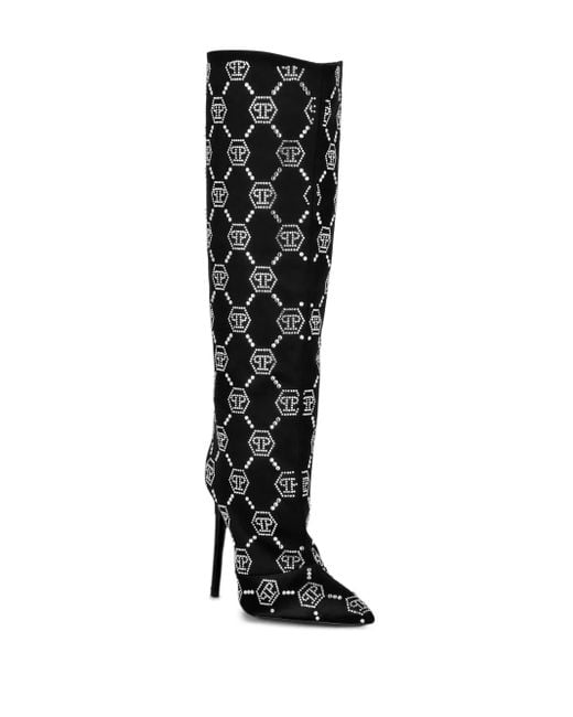 Philipp Plein Black Satin Boots High-Heels Mid Strass Monogram