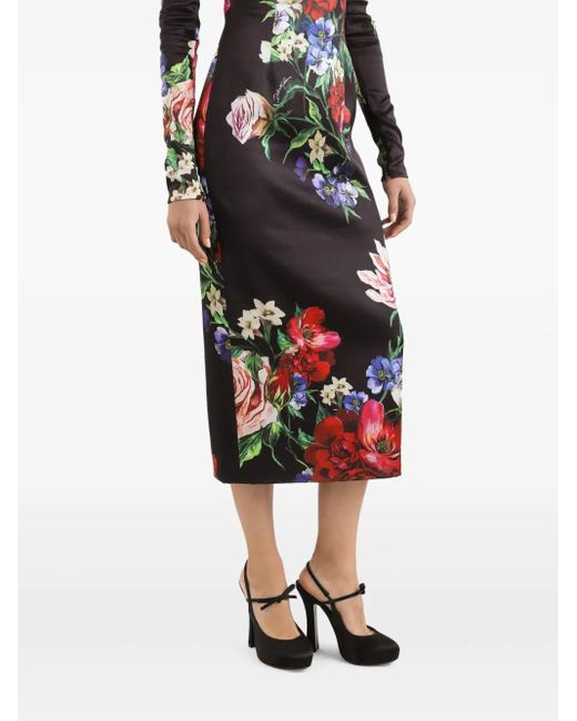 Dolce & Gabbana Black Floral Satin Midi Dress
