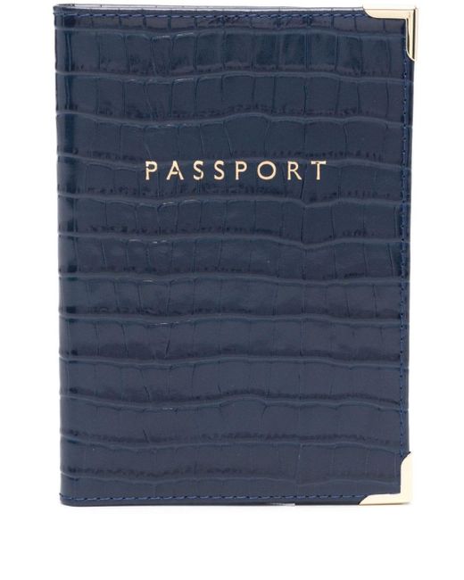 メンズ Aspinal クロコエンボスレザー パスポートケース Blue