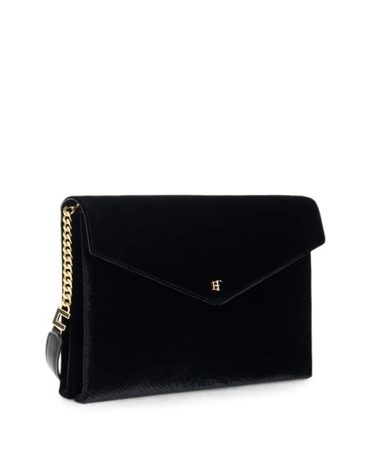Elisabetta Franchi Black Over-The-Shoulder Bag Made From Velvet With A Crocodile Print Texture