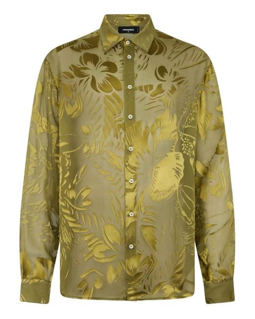 DSquared² Green Dancing Flowers Sheer Shirt for men