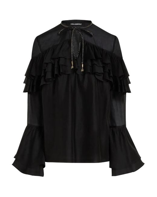 Karl Lagerfeld Black Ruffled Tie Blouse