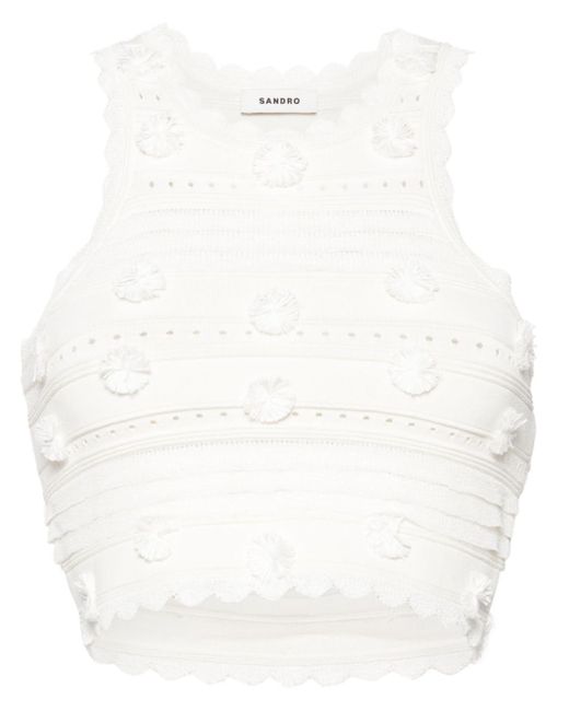 Sandro White Frayed-appliqués Knitted Crop Top