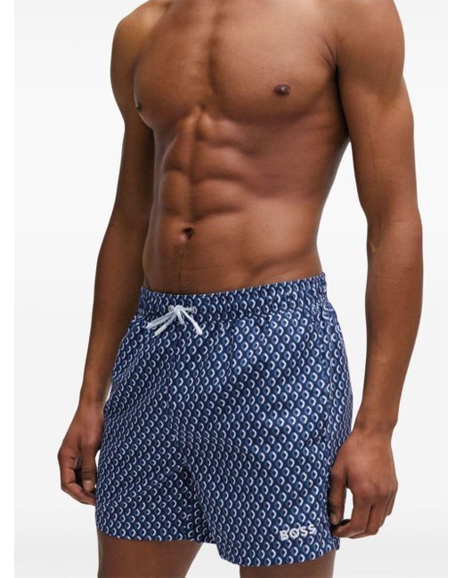 Boss Blue Micro-print Swim Shorts for men