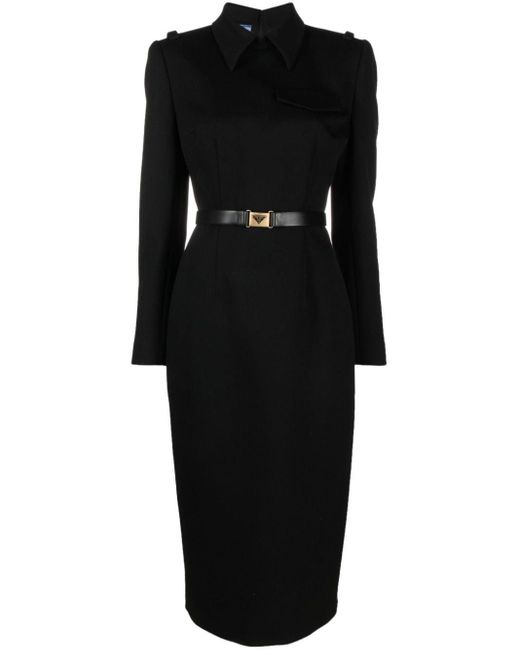 Robe mi-longue à taille ceinturée Prada en coloris Black