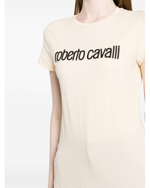 Roberto Cavalli Natural T-Shirt mit Logo-Stickerei