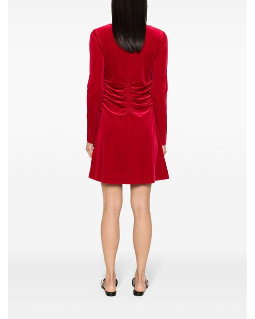 Ganni Red Velvet Ruched Mini Dress