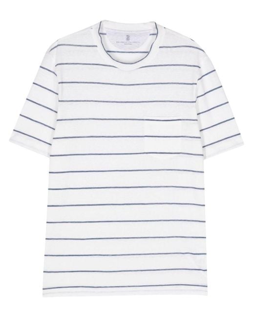 Brunello Cucinelli White Slub-textured Striped T-shirt for men