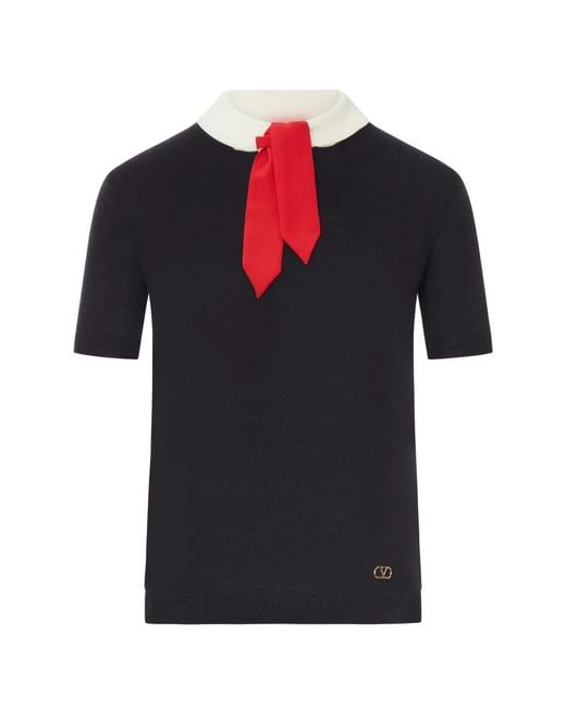 Valentino Garavani Black Pussy-Bow Short-Sleeved Knitted T-Shirt