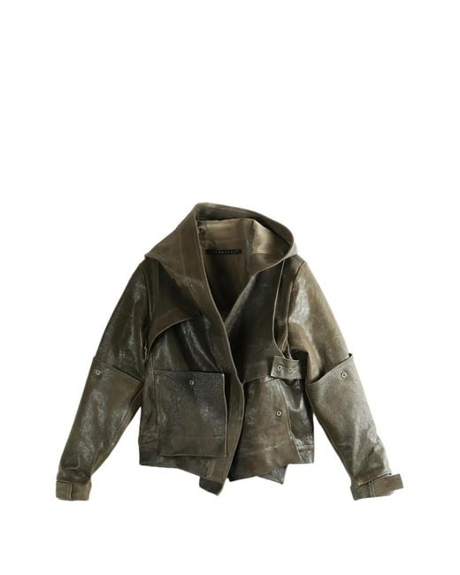 Yehuafan Green Hooded Leather Jacket