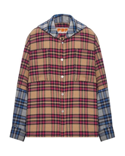 メンズ PDF CHANNEL Button-fastening Plaid Hoodie Red