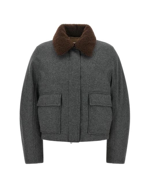 Brunello Cucinelli Gray Shearling-Collar Cropped Jacket