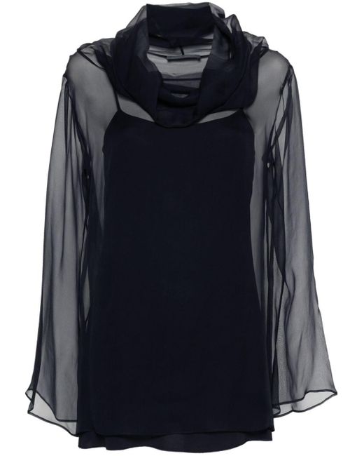 Alberta Ferretti Black Cowl-collar Semi-sheer Blouse