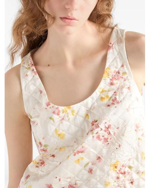 Prada Natural Gestepptes Satin-Minikleid Mit Blumen