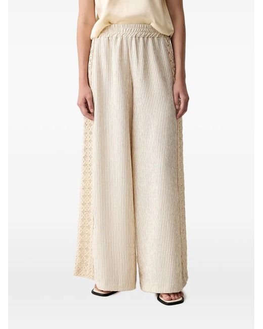 ViCOLO Natural Stripe-Pattern Lace-Trim Palazzo Pants