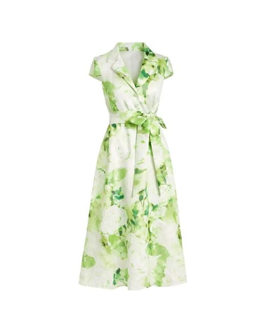 Badgley Mischka Green Floral-Print Belted Midi Dress