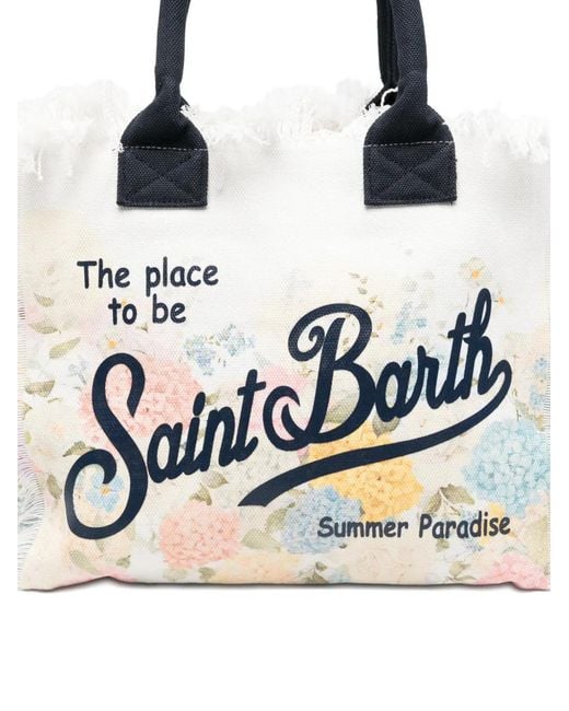 Mc2 Saint Barth White Vanity Floral-Print Frayed-Edges Tote Bag