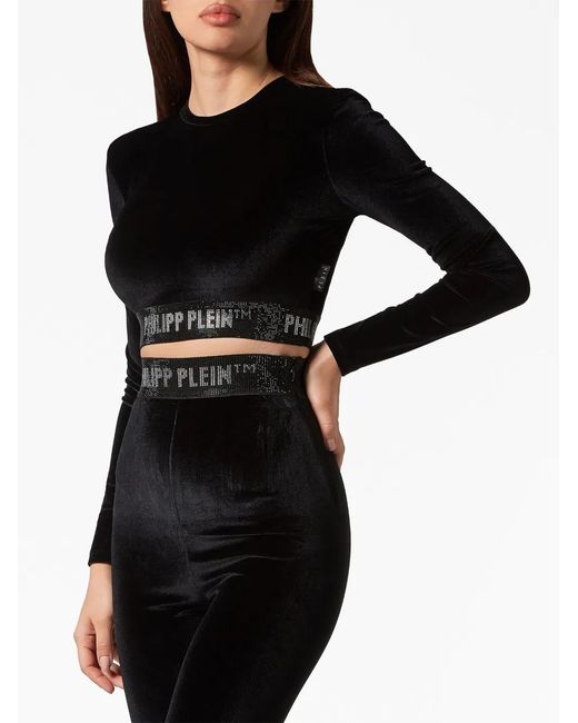 Philipp Plein Black Long-Underband Velvet Crop Top