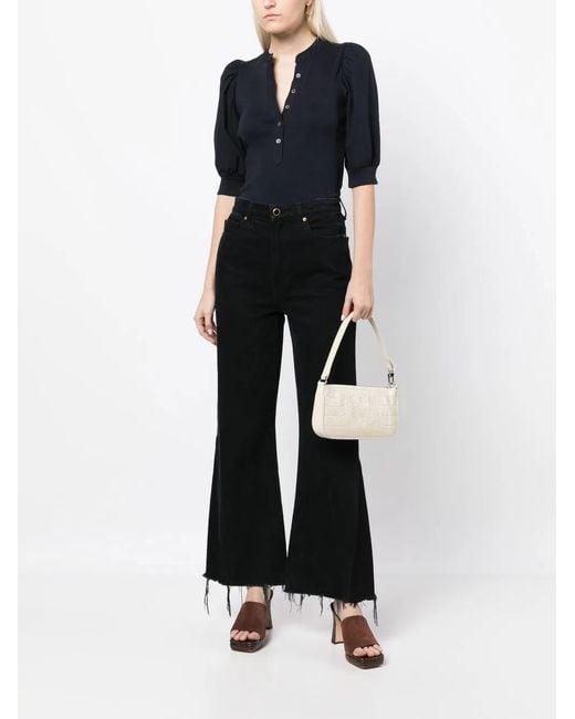 Veronica Beard Black Button-Up Puff Sleeves Top