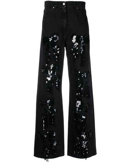 MSGM Black Sequin-embellished Wide-leg Jeans
