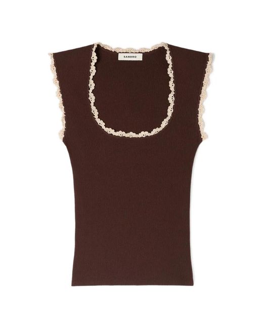 Sandro Brown Crochet Detail Knit Top