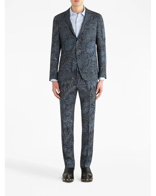 Etro Blue Single-Breasted Floral-Print Jacket for men