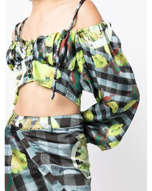 OTTOLINGER Green Lemon-Checked-Print Off-Shoulder Top