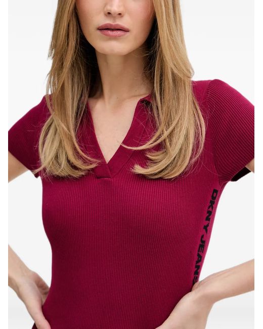 DKNY Red Robe Mi-Longue Côtelée À Bande Logo