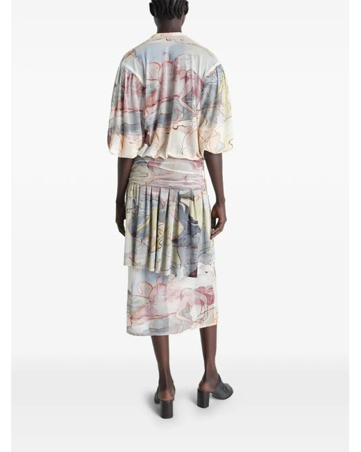 Lemaire White Draped Floral Print Midi Dress
