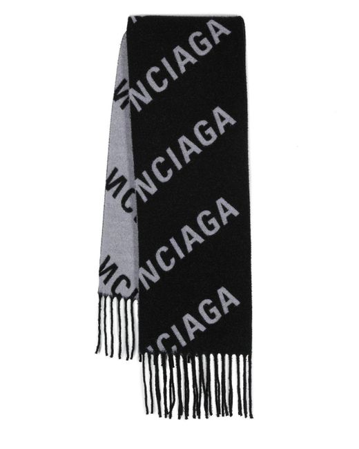 Balenciaga Black Fringed Jacquard-logo Scarf for men