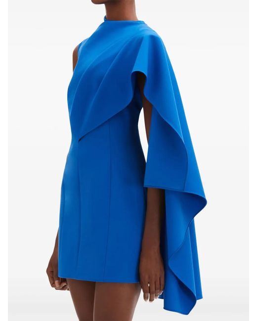 Oscar de la Renta Blue One-Shoulder Cape Dress