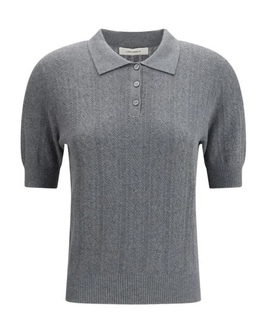 Lisa Yang Gray Puff-Sleeve Buttoned Polo Top