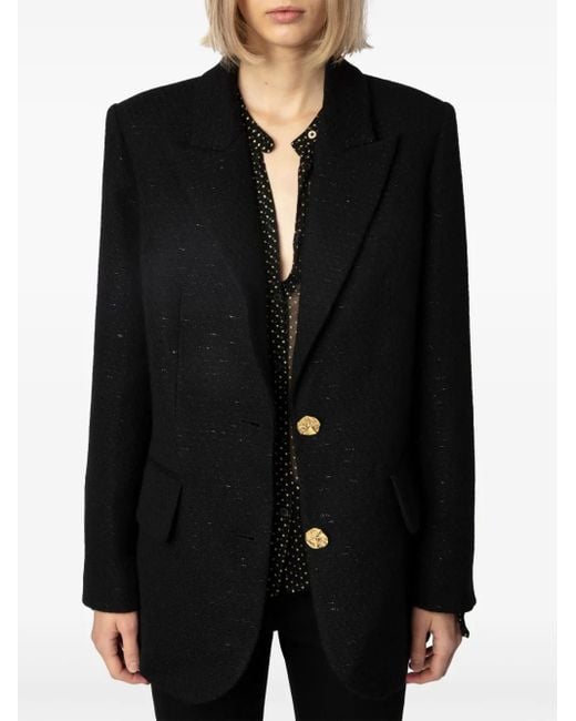 Zadig & Voltaire Black Single-Breasted Tweed Blazer