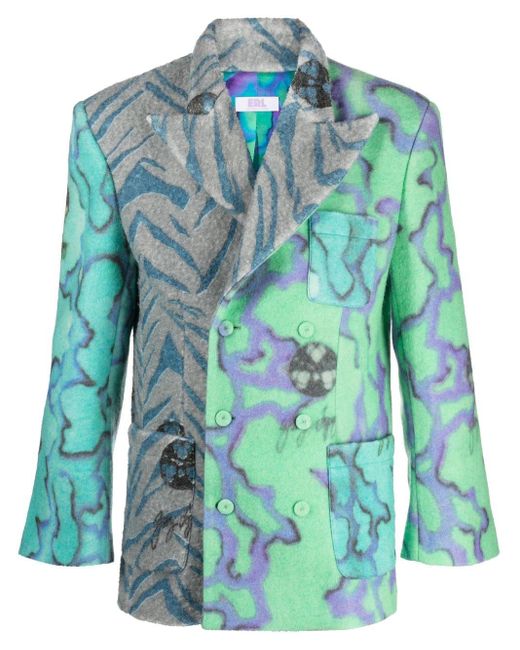ERL Blue Multicoloured Floral-print Double-breasted Blazer - Men's - Wool/viscose/polyester for men