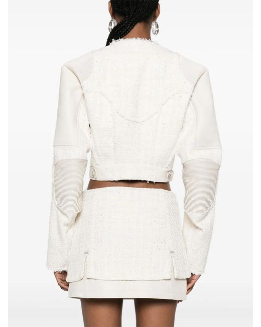 Gcds White Leather-Panel Tweed Jacket