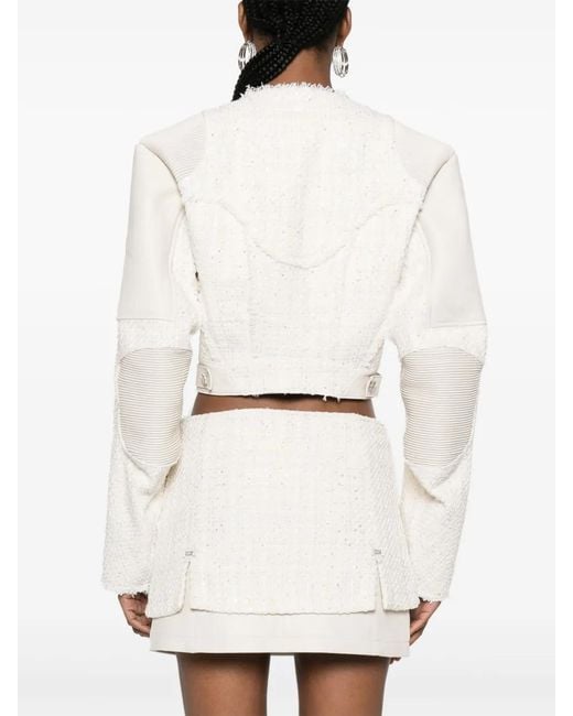 Gcds White Leather-Panel Tweed Jacket