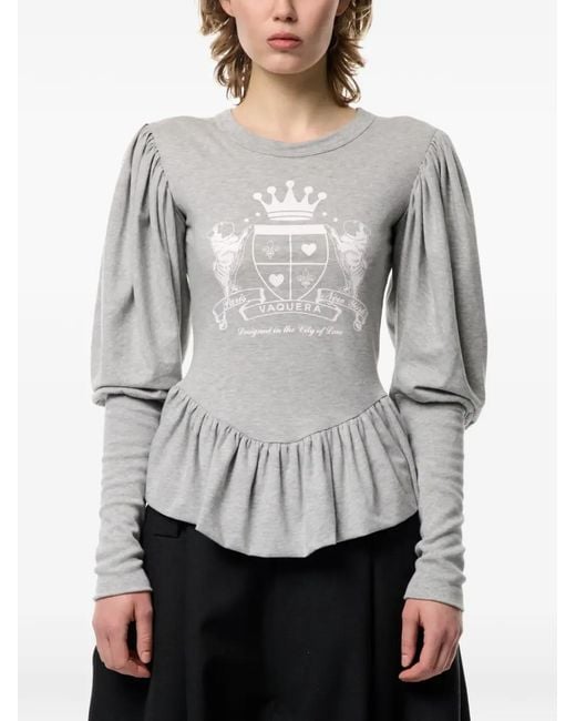 VAQUERA Gray Romantic Crest-Print Peplum T-Shirt