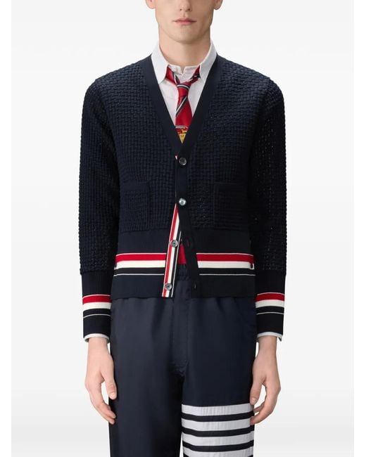 Thom Browne Blue V-Neck Stripe-Detailed Cardigan for men