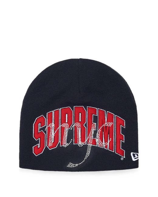 Supreme Red New Era Rhinestone-Embellished Beanie Hat for men